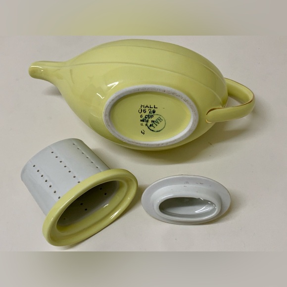 1930s Vtg Hall USA Gold Trim Canary Aladdin 6 Cup Curly Genie Lamp Teapot - Picture 11 of 16